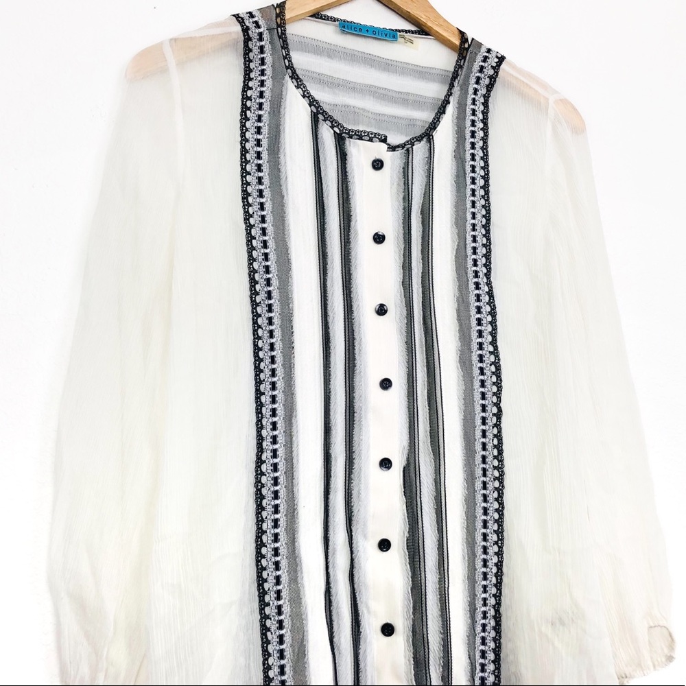 Alice + Olivia Sheer Silk Lace Button Up Blouse - Picture 2 of 10